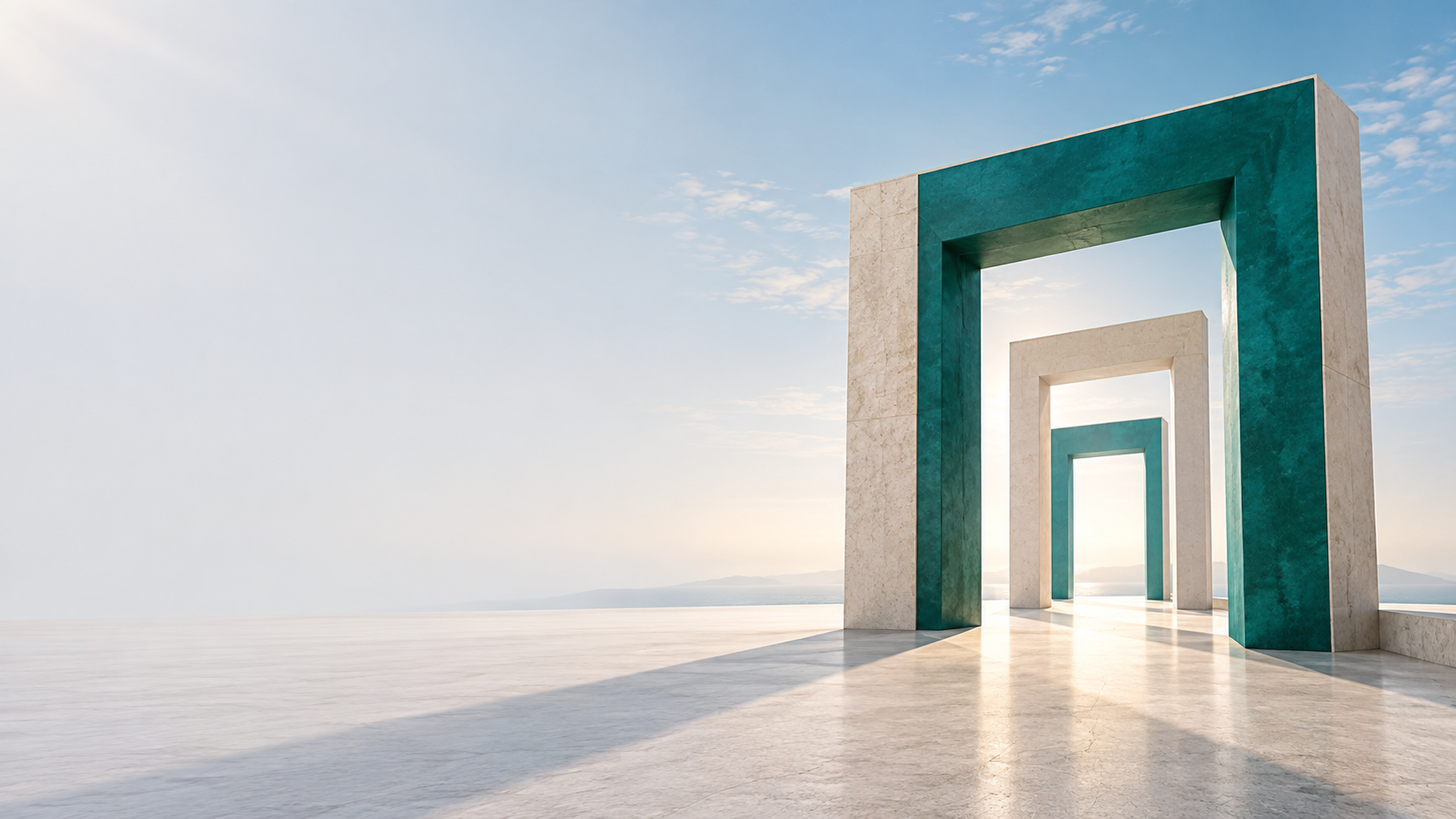 Ilustrim konceptual me porta arkitekturore që hapen drejt horizontit